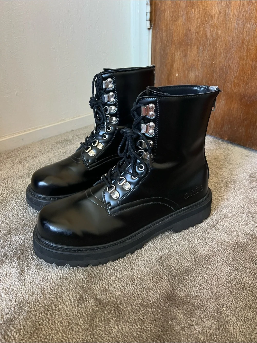 Dr. Martens Style Black Polished Lace-Up Platform Boots, Silver Hardware, US USA